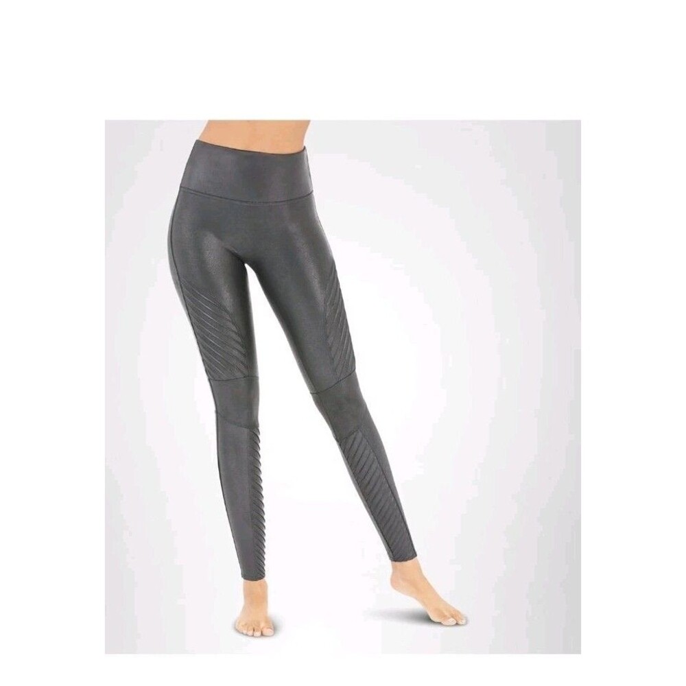SPANX Faux Leather Moto Leggings Gunmetal Charcoal Dark Gray Sz L‎  High Waisted